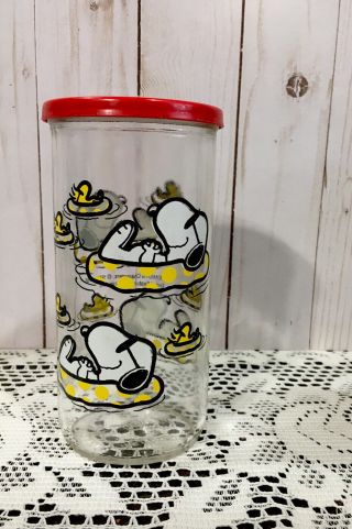 Vintage Peanuts Snoopy Glass Jelly Jar United Features Syndicate With Lid 1958