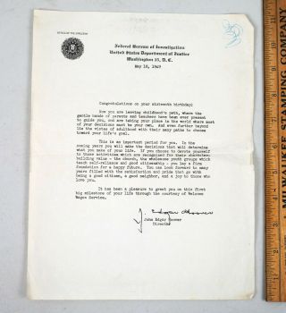 1949 Fbi Form Letter To 16 Year Olds Signed J.  Edgar Hoover Welcome Wagon