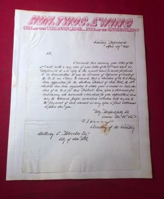 1841 Thomas Ewing Signed Letter As Secretary Of Treasury First Sec.  Of Interior