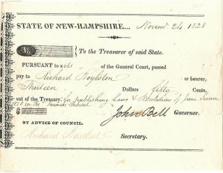 1828 Hampshire Pay Order For Printing State Laws Signed Governor John Bell