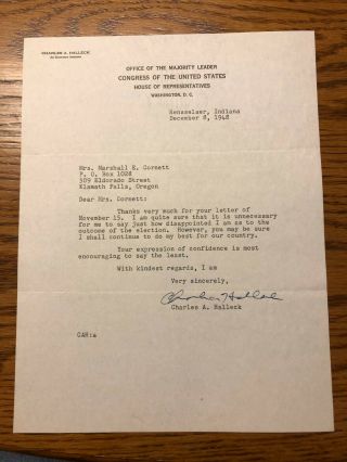 Vintage 12 - 8 - 48 Letter Signed By U.  S.  House Majority Leader Charles A.  Halleck