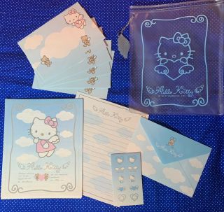 1990s Sanrio Licensed Hello Kitty Stationary Letter Set Blue Angel Wings W Case