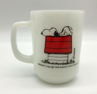 Vtg Peanuts Snoopy Dog House Fire King Anchor Hocking Mug Allergic To Mornings