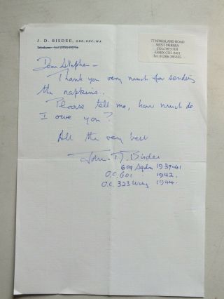 Autograph Letter: G/c John Bisdee Dfc Battle Of Britain Pilot 609 Squadron
