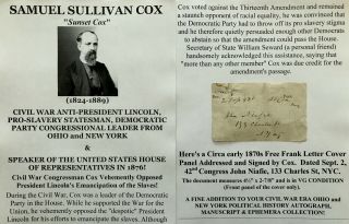 Civil War Pro Slavery Oh Congressman Speaker House Statesman Signed Frank