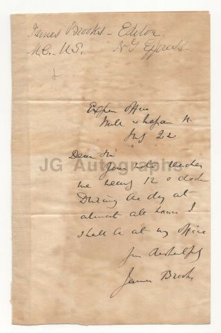 James Brooks Autographed Letter - Civil War Era Ny U.  S.  Representative