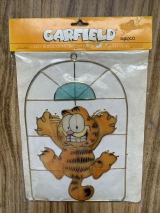 Vtg 78 Garfield Enesco Cat Wall Cling Hanging Window Stained Glass Shell Figure