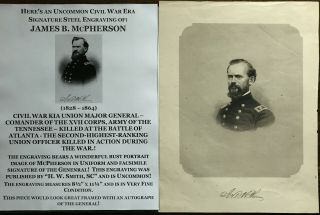 Civil War Battle Atlanta Kia General James Mcpherson Signature Steel Engraving