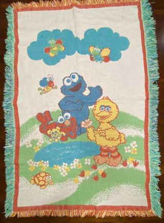 Vintage 1990’s Big Bird Cookie Monster Elmo Throw Blanket Tapestry Woven Cute