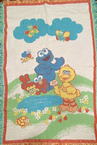 Vintage 1990’s Big Bird Cookie Monster Elmo Throw Blanket Tapestry Woven Cute 2