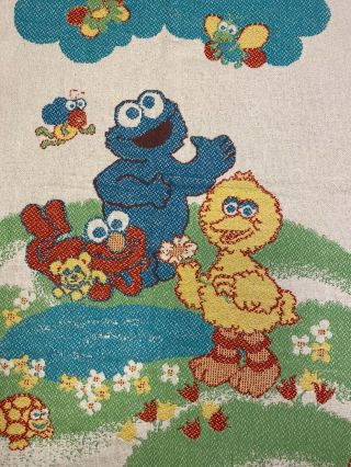 Vintage 1990’s Big Bird Cookie Monster Elmo Throw Blanket Tapestry Woven Cute 3