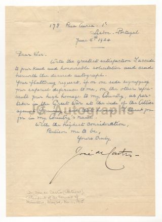 José De Castro - Portuguese Lawyer,  Journalist - Signed Letter (ls),  1924