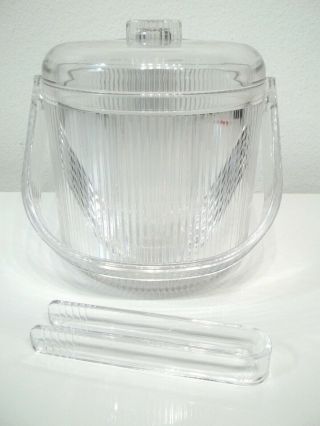 Vintage Mcm Acrylic Lucite Fluted Ice Bucket With Matching Tongs