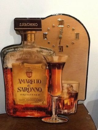 Vintage Amaretto Di Saronno Wood Lacquer Bar Wall Clock Sign