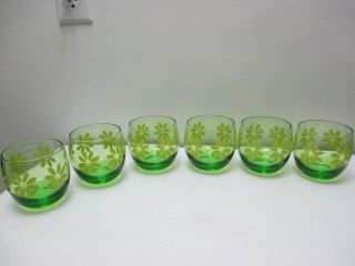Vintage Federal Glass Barware Set Of 6 Roly Poly Tumblers Green Daisies 3 1/8 " T