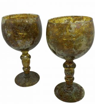 Set Of 2 Rare Neiman Marcus Moss Agate Art Glass Water / Wine Glasses Goblets