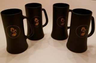 Set Of 4 Vintage Playboy Club Black Glass Beer Steins Mugs.  Gold Graphics Logo.
