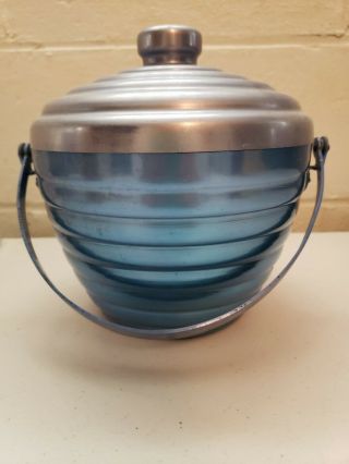 Vtg Blue/silver Atomic Ice Bucket 1950s 60s Retro Aluminum Mcm Barware Madmen