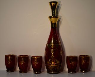 Vintage Ruby Red Glass W/gold 7 - Piece Decanter And Cordial Set