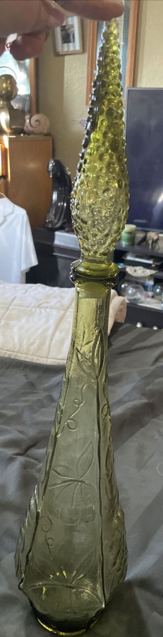 Vtg Italian Empoli Style Green Glass Hobnail Genie Bottle Decanter Empty W/ Stop