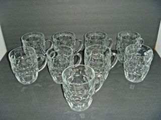 Vintage - Arcoroc France - Set Of 9 Clear Glass Thumbprint Mugs - Great Condit