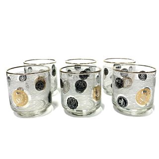 Vtg 50’s Libbey Lowball World Coins Bar Glass Set Of 6 Gold And Black Coins Mcm
