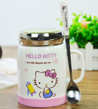Cute Hello Kitty Ceramic Cup Drink Tea Milk Coffee Mug 500ml C/w Spoon And Lid