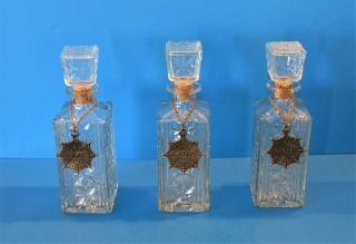 Mid Century Liquor Decanter Bottle Set Square Cut Crystal Style Metal Labels Tag