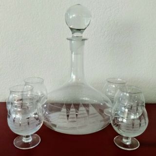 Vintage Brandy Decanter Set Etched Clipper Ship With 6 Snifter Glasses