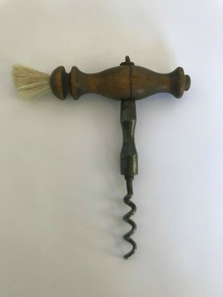Antique Wooden T - Handled Corkscrew With Dusting Brush