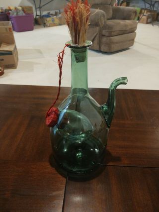 Green Vintage Hand Blown Italian One Gallon Wine Decanter With Ice.