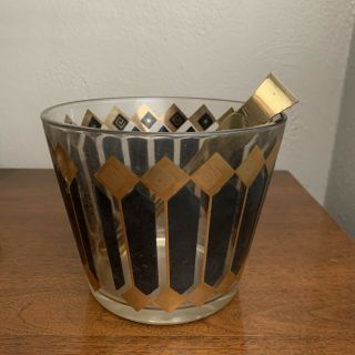 Vintage Mid Century Modern Glass Ice Bucket Black Gold Printed Design Gold Tongs