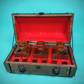 True Vintage 1970s Liquor Bottles And Shot Glasses In A Ornate Pirate Chest.