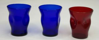 Blenko Style Pinched Dimpled Shot Glasses Blue Red Set Of 3
