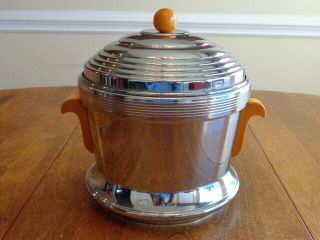 Vintage Mcm Keystoneware Chrome Ice Bucket Bakelite Handles And Lid Knob