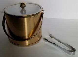 Mid Century Modern Gold Shelton Ware Ice Bucket Tongs Acrylic Lid 7 " X 8 "