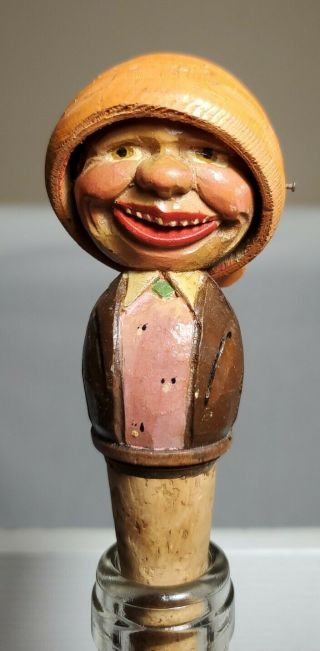 Vintage Hand Carved Wooden Bottle Topper Cork Man/woman