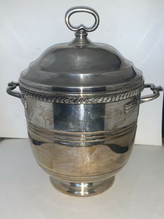 Vintage Silverplate Ice Bucket W Lid & Handles,  Lined,  Marked
