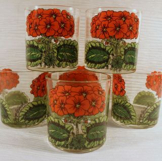 Georges Briard Set Of 6 Glasses Geranium Red Flowers Green Leaves Signed Vintage