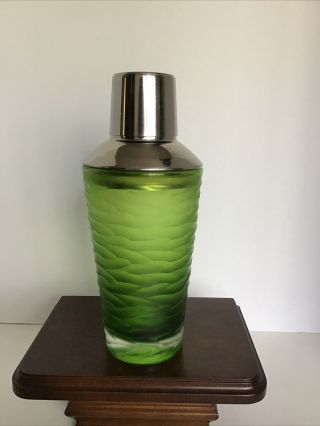 Vintage Barware Art Deco Emerald Green Cut Glass Martini Cocktail Shaker 9.  5”