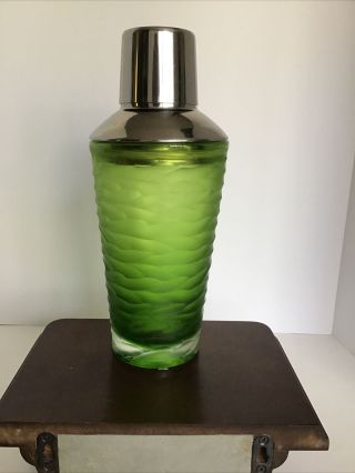 Vintage Barware Art Deco Emerald Green Cut Glass Martini Cocktail Shaker 9.  5” 3