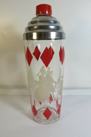 Vintage Art Deco Barware Cocktail Shaker Glass Red Diamond Etched Glass
