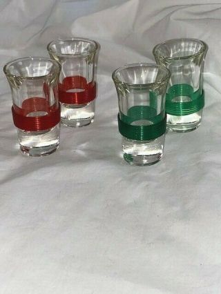 4 Vintage Green And Red Celluloid Band Flared Shot Glasses
