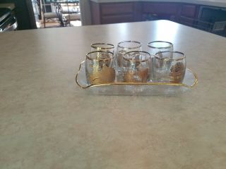 Set Of 6 Clear And 24 Kt.  Gold Shot Glasses From Nazca Peru With Tray