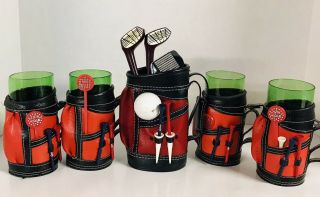 Vtg Golf Bag Clubs Irons & Wood Cocktail Drink Bar Tool Set Mid Century Barware