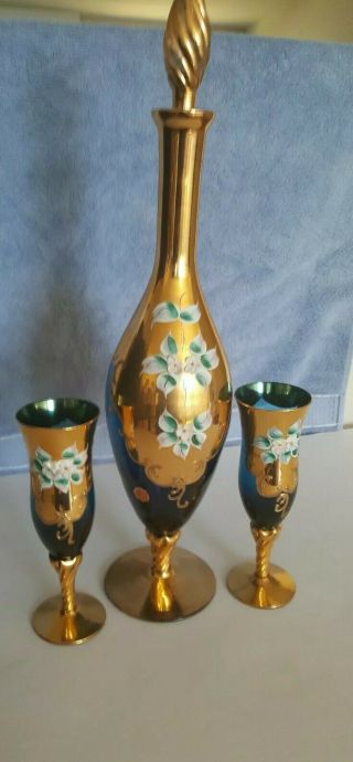 Vintage Hand Painted Flowers Gold Decor Blue Glass Decanter With Stopper 19 " H