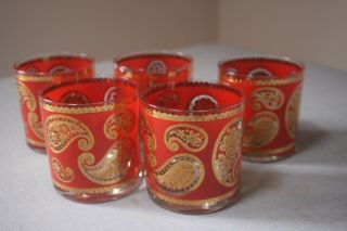 Culver Red Paisley 22 K Gold Set Of 5 Lowball Old Fashioned Glasses 10 Oz