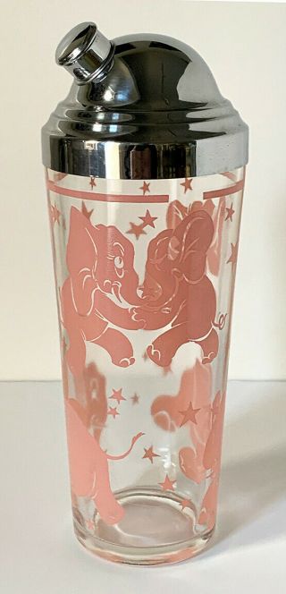 Vintage Hazel Atlas Pink Elephant Cocktail Shaker Stars Dancing Perfect