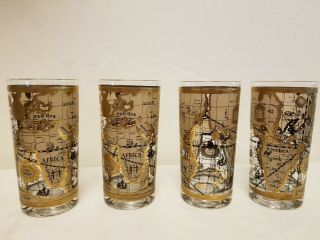 Mid Century Cera Bar Glasses Old World Map 22k Gold Tumblers Set Of 4 - 5.  5 "