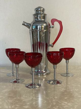 Vintage Art Deco Chrome Cocktail Shaker Bakelite Handle Ruby Red Goblets (5)